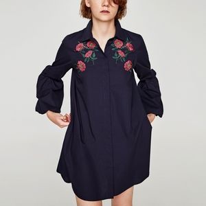 ZARA EMBROIDERED FRONT BUTTON DOWN NAVY BLUE  SHIRT DRESS SMALL